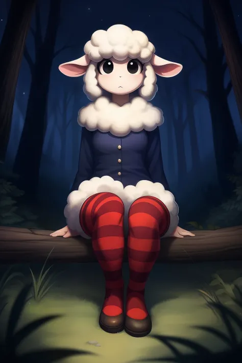 ((masterpiece, best quality)), solo, solo focus, full body, no humans, furry, sheep, black eyes, white fur, woolie, forest, walking, scared, night,, 1girl,bedroom, striped thighhighs, sitting on ground, female,