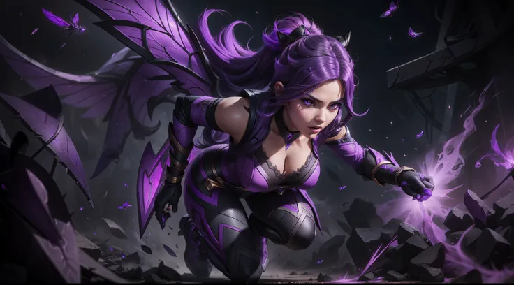 Kaisa from League of Legends, dark gray and purple wings, purple hair, purple pest insects around