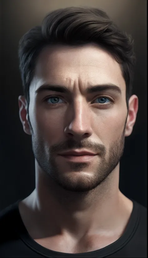 um homem com barba e camisa preta, Cinematic realistic portrait, bonito rosto detalhado, rosto realista altamente detalhado, Rosto altamente detalhado de 8k, retrato de rosto detalhado realista, 8k portrait render, sharp high detail face, realistic face mo...