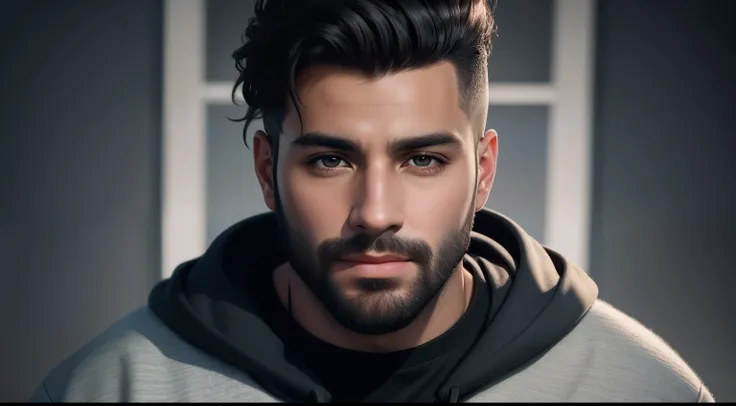 arafed man with a beard and a hoodie looking at the camera, Cinematic realistic portrait, 8k portrait render, foto retrato suave 8 k, estilo de arte fotorrealista, realistic face moody lighting, estilo hiper realista, Retrato VFX altamente detalhado, estil...