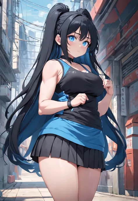 Girl, Long Black Hair, Slightly Grey, a little bit thicc, Blue-Grey Tank Top, Black Leggings, Black Skirt, Headphones, blue eyes, backpack, a bit bigger hips and thighs, hourglass figure