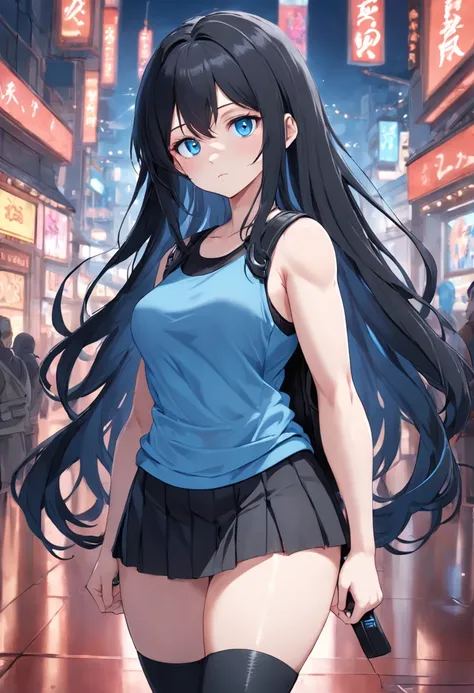 Girl, Long Black Hair, Slightly Grey, a little bit thicc, Blue-Grey Tank Top, Black Leggings, Black Skirt, Headphones, blue eyes, backpack, a bit bigger hips and thighs, hourglass figure