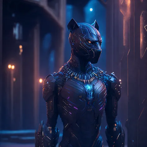 somber portrait of full body robotic Black Panther from Marvel with intricate angular cybernetic implants inside a brutalist building, gothic old house, cyberpunk, award-winning photo, bokeh, neon lights, cybernetic limb