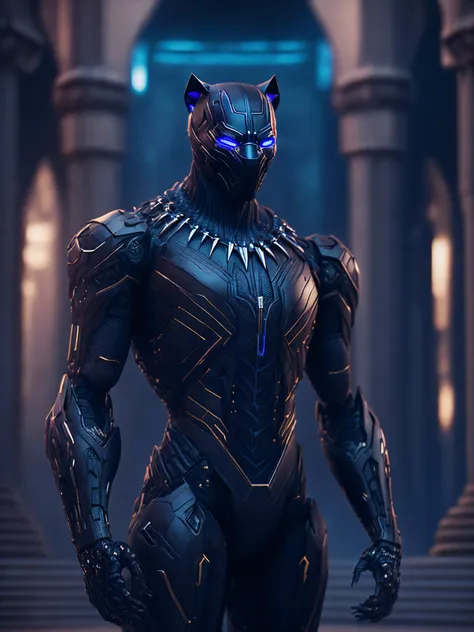 somber portrait of full body robotic black panther from marvel with intricate angular cybernetic implants inside a brutalist bui...