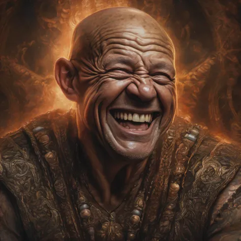 a portrait of a laughing, toxic, muscle, god, elder, (hdr:1.28), bald, hyperdetailed, cinematic, warm lights, intricate details, hyperrealistic, dark radial background, (muted colors:1.38), (neutral colors:1.2)