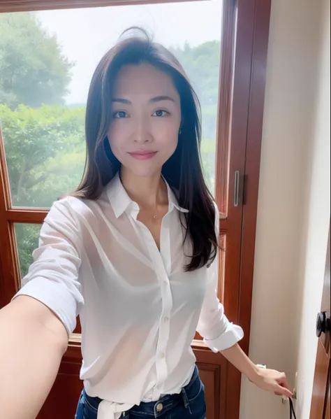 Woman in white shirt standing in front of window、Shes wet in the rain and the flashy underwear shes wearing under her white shirt is clearly showing through、Clearly visible fancy underwear