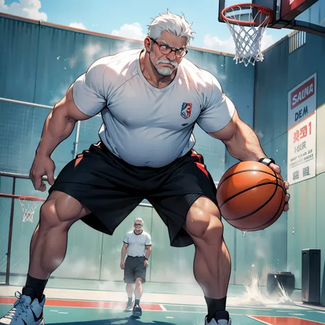 Fat uncle playing basketball,Basketball court,Fat,I have a big stomach,white  hair,Regent,Face is large,mustache,Wearing glasses,serious facial expression,Red face,Sweating,The body is wet and dripping with water,Steaming,Wearing a white shirt and jacket,B...