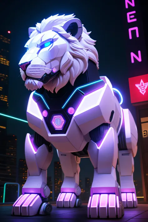 Create a transformers-style robotic white lion in a city with neon lights, em uma noite chuvosa