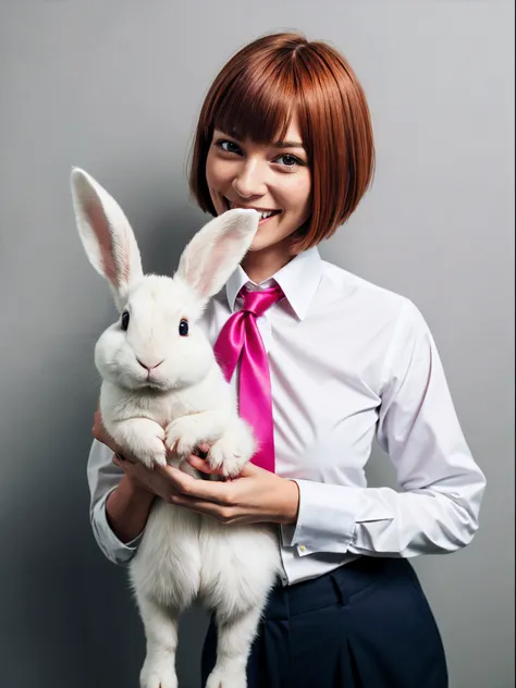 1girl, auburn hair, light brown eyes, bobcut, holding white bunny with pink ribbon, shirt, necktie, trousers, sinister smile, office, analog photo, washed out colors,