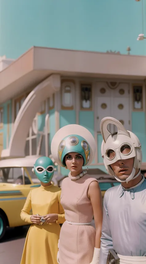 8k portrait of a 1960s science fiction film by Wes Anderson, Vogue anos 1960, pastels colors, There are people wearing weird futuristic masks and wearing extravagant retro fashion outfits and men and women wearing alien makeup and old ornaments with mechan...