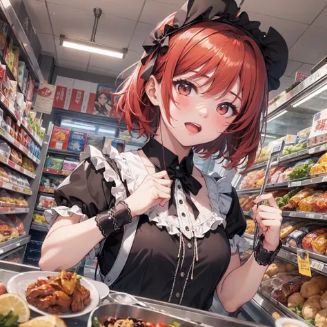 ​masterpiece, top-quality, college girls、 traditional maid, red blush, Opening Mouth, looking_at_viewer, red_eyes, red_hair, short_hair, 独奏, upper_body, Hold cart, foods, Crisp backgrounds, supermarket,, window,(​masterpiece、top-quality、hight resolution)　、...