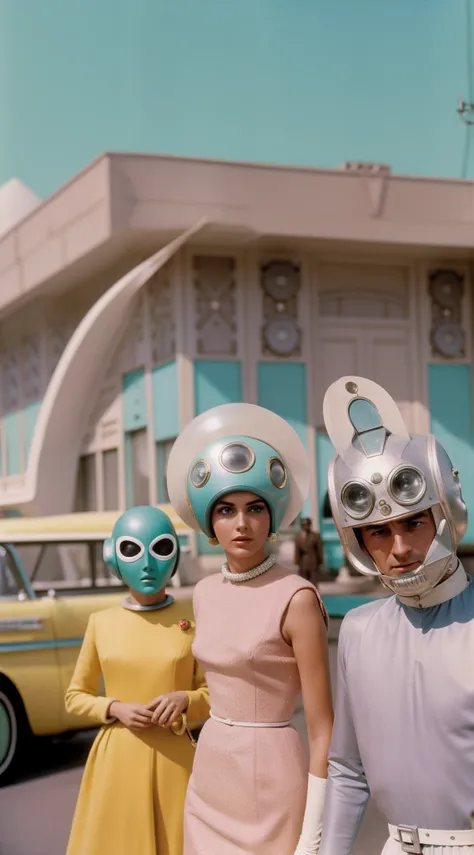 8k portrait of a 1960s science fiction film by Wes Anderson, Vogue anos 1960, pastels colors, There are people wearing weird futuristic masks and wearing extravagant retro fashion outfits and men and women wearing alien makeup and old ornaments with mechan...