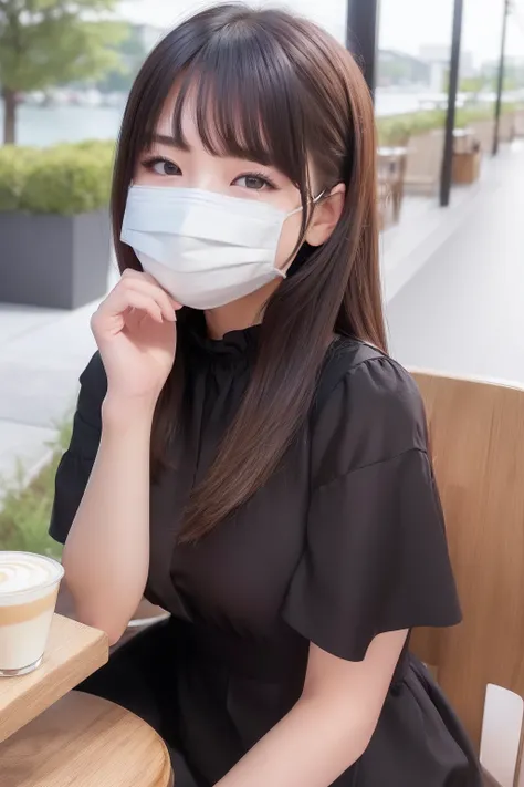 ((top-quality、8K、​masterpiece:1.3))、1girl in、(masks:1.3)、(Hairstyle Casual、Delicat eyes:1.1)、Black dress:1.1、Super fine face、二重まぶた、a smile:1.2、cafes、Terrace seating、Latte art