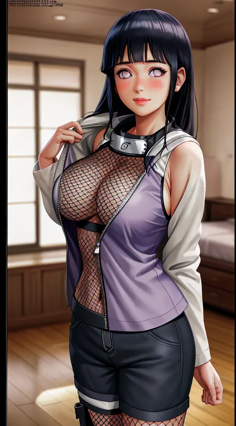 Masterpiece, highres, high Quality, detailed face, detailed body render, 1girl, solo, hyuuga hinata, hinata-sleeveless-outfit, large breasts, big breast, sleeveless shirt, fishnet top, dark lips, unzipped jacket, no bra, breasts out, nipple, standing, blus...