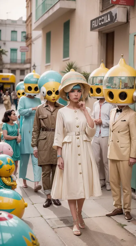 8k portrait of a 1960s science fiction film by Wes Anderson, Vogue anos 1960, pastels colors, There are people wearing weird futuristic masks and wearing extravagant retro fashion outfits and men and women wearing alien makeup and old ornaments with mechan...