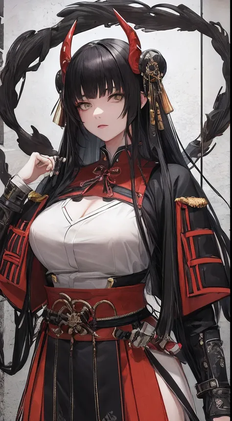 highest detailed, woman with white really long messy beautiful detailed black hair serious eyes, dull eyes, dead inside, dark yellow eyes, beautiful, majestic, samurai, evil, oni, samurai welding a huge sword with mechanic arm