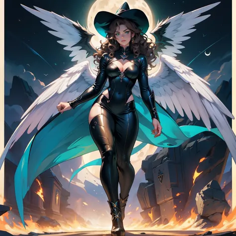 Angel Woman. Sexy Badass Witch. Brown Curly Hair. Angel Wings. Strong Woman. Beautiful Moon Background. Full Body. Long Curly Hair. Green Eyes. Fire Power. Draconic Witch