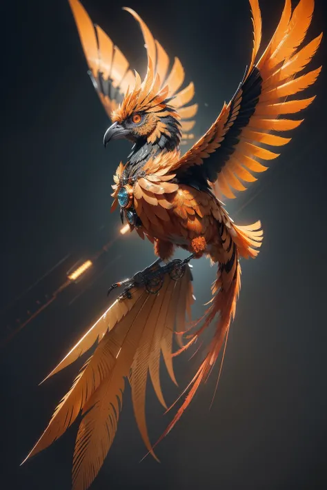 bird made of fully mechanical orange metallic feathers, flying bird, non-organic bird, mechanical bird, robot bird, made from mechanical parts, Bird with neon eye, detalhada, a surrealistic bird, altamente detalhado, made up of many bits of metal, elegante...