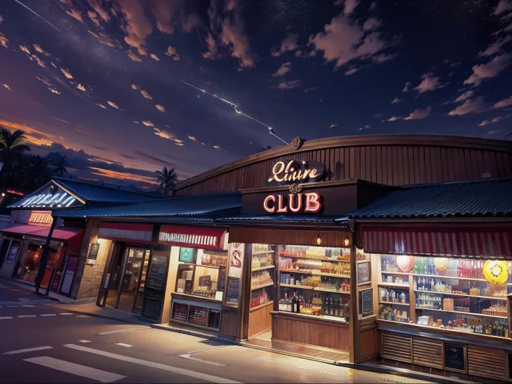 Night view of a shopping hall with a sign that says The Club, Bar local, Clubes nocturnos y neones, club, Club lighting, club nocturno, vista panoramica, hd, 4k, estrellas