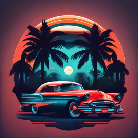 illustration logo style of a fancy classic car, full moon, palms , vibrant colors, high definition, fine details, pro vector