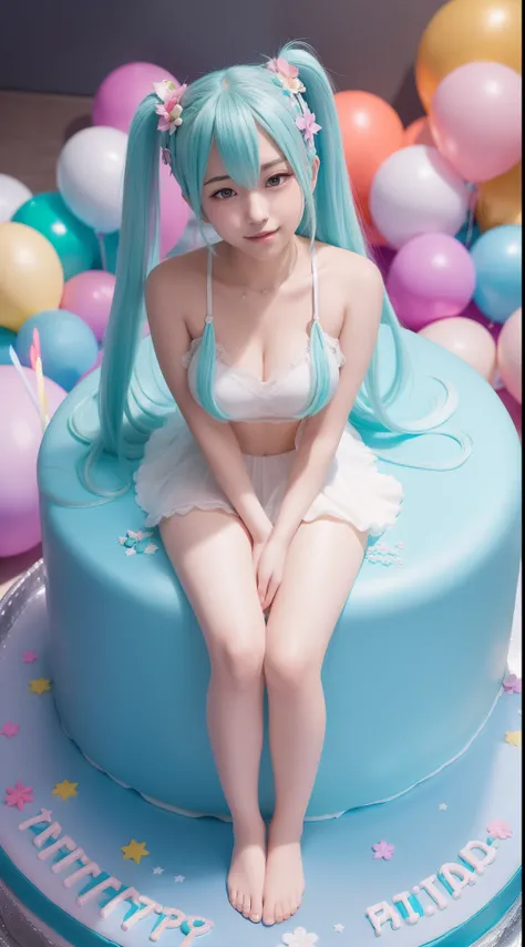 Hatsune Miku sits on a huge creamy birthday cake，The birthday cake is lit with colorful birthday candles，happy birthay，ssmile，exquisite facial features，Elaborate Eyes，Gentle and shy face，Peerless beautiful girl，Advancedsense，Hold the strawberry between the...