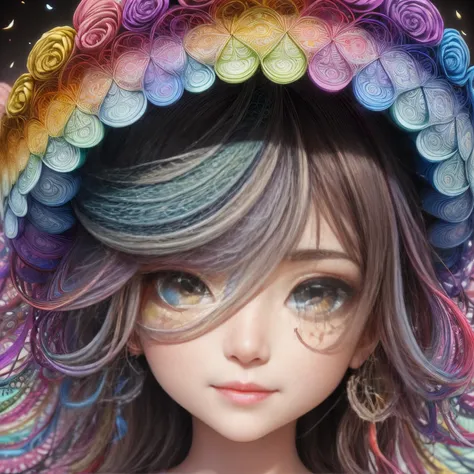 Rainbow Colors theme，paper art，masutepiece，3d rendered，ighly detailed, in autumn，1girll, closing eye，ssmile，cabelos preto e longos，lilies, (Zentangle:1.2), (Geometry:1.2)，cinematic lighting effect，4K, colourfull, profile