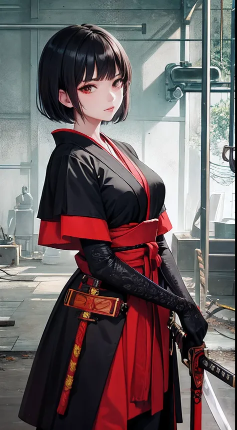 colorful,highest detailed, young woman with black short hair, red eyes, wearing samurai outfit, and welding a sword, trainee