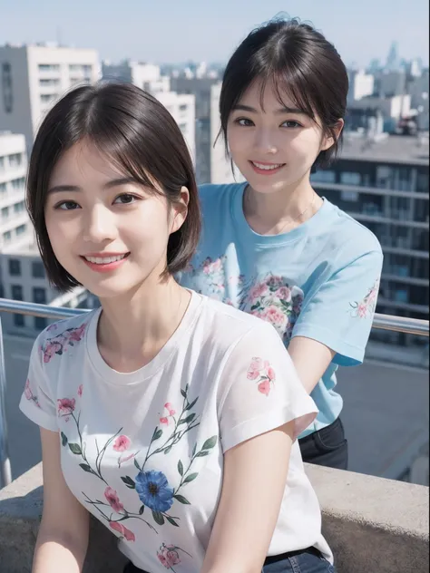 (8K、top-quality、​masterpiece:1.2)、(realisitic、Photorealsitic:1.37)、ultra-detailliert、((Beautuful Women))、((Floral T-shirt))、JINS、looking at the viewers、On the roof of a building、(breast)、((black-short-hair))、tokyo streets、((a smile))