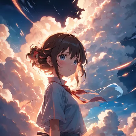 masterpiece, best quality, movie still, 1girl, cloud girl, floating in the sky, close-up, bright, happy, warm soft lighting, sunset, (sparks:0.7)