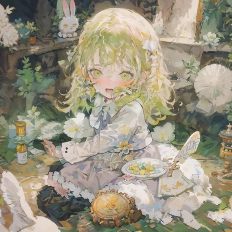 ​masterpiece, top-quality,this illustration is、shows a girl sitting on the floor，she transforms into the image of a bunny girl，t...