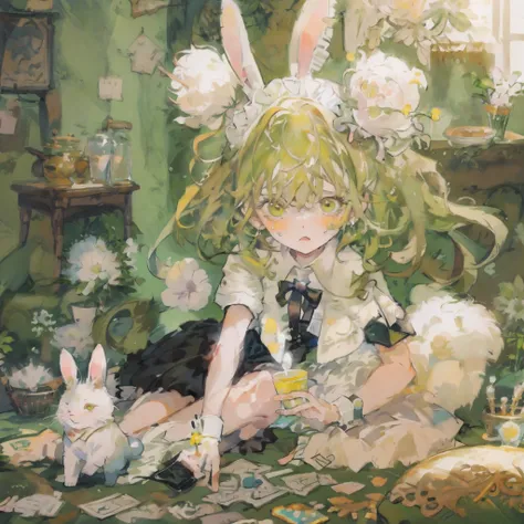 ​masterpiece, top-quality,this illustration is、shows a girl sitting on the floor，she transforms into the image of a bunny girl，t...