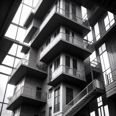 black andwhite, 60s style view of a three-story cube building in a Swiss forest, With a metal spiral staircase leading to the top floor, Surrounded by lush vegetation, Illuminated by cloudy days --auto