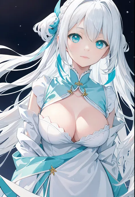 CG art of masterpiece，The painting style is fresh and soft。The subject is a beautiful girl，Has a childlike appearance。，Cyan eyes，skin is smooth and fair，A manicured white coat flutters in the wind，Long white hair dangling，The gesture of looking up at the s...