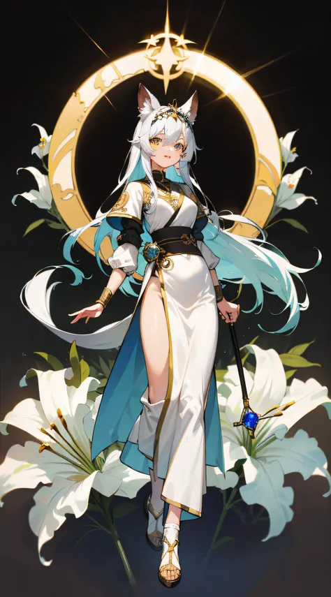 Standing painting，the lilies，Holding the Elemental Energy Staff in his left hand，Holding a light energy staff in his right hand，Long white hair to the feet，Lily wreath tiara，Elements and light，beast ear，Long furry animal tail，A gemstone around the waist，(U...