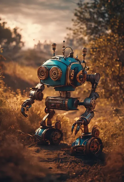 Steampunk robot in landscape at dawn