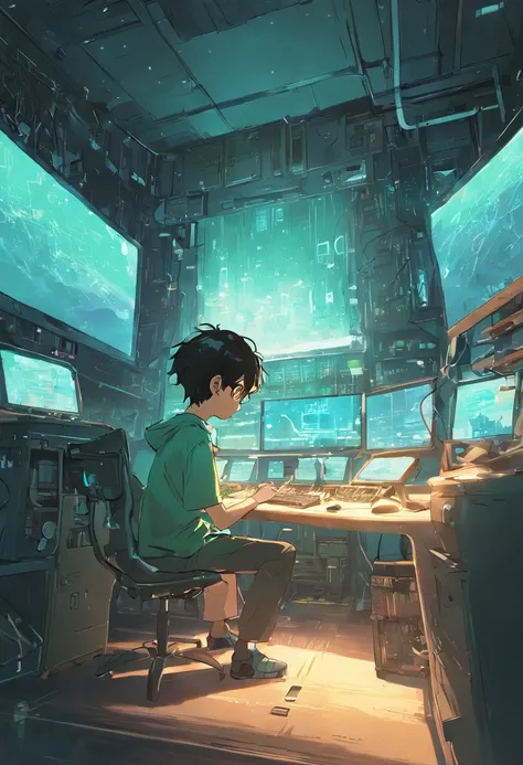 A nerdy kid is programming on a computer in a room full of gadgets, Por Makoto Shinkai e Ghibli Studio, dramatic lighting, altamente detalhado, amazing quality, pele escura, Conical fading, sitting down, blue and green