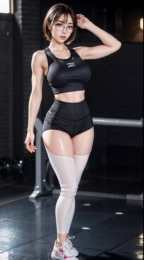 a milf, solo, (big round breasts:1.3), muscle abs, erotic facial, looking at viewer, short bangs hair, (wet skintight tank top:1.5), (wet skintight yoga pants), (athletic sneakers:1.5), (arm guard:1.4), (leg guard:1.3), (full body like), realisticlying, Be...