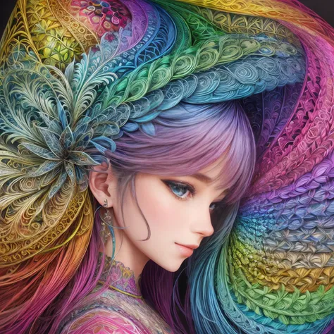 Rainbow Colors theme，paper art，masutepiece，3d rendered，ighly detailed, in autumn，1girll, closing eye，ssmile，cabelos preto e longos，lilies, (Zentangle:1.2), (Geometry:1.2)，cinematic lighting effect，4K, colourfull, profile