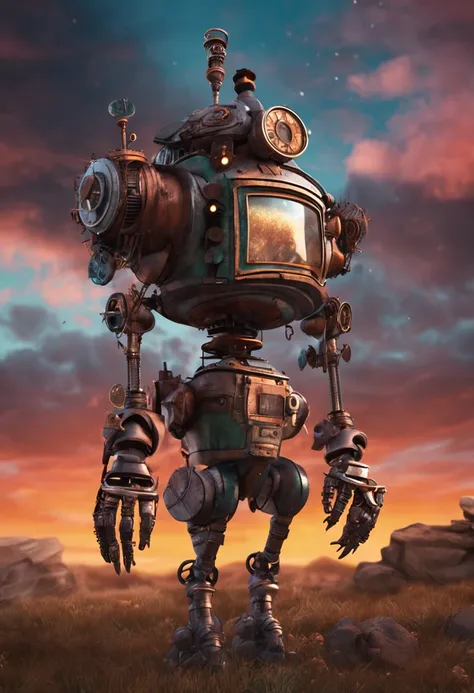 Steampunk robot girl lost in landscape at dawn