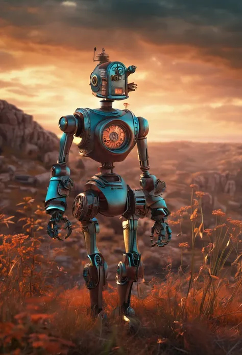 Steampunk robot girl lost in landscape at dawn