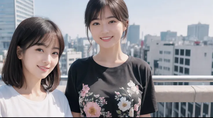 (8K、top-quality、​masterpiece:1.2)、(realisitic、Photorealsitic:1.37)、ultra-detailliert、((Beautuful Women))、((Floral T-shirt))、JINS、looking at the viewers、On the roof of a building、(Breast)、((Black shorthair))、tokyo streets、((A smile))