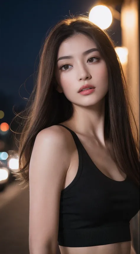 ((Realistic lighting, Best quality, 8K, Masterpiece: 1.3)), Clear focus: 1.2, 1girl, Perfect Figure: 1.4, Slim Abs: 1.1, ((Dark brown hair)), (White crop top: 1.4), (Outdoor, Night: 1.1), City streets, Super fine face, Fine eyes, Double eyelids,