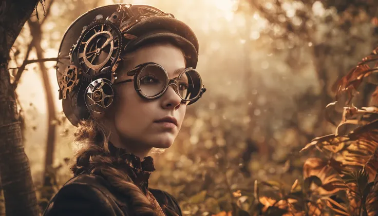 menina steampunk perdida em floresta ao amanhecer