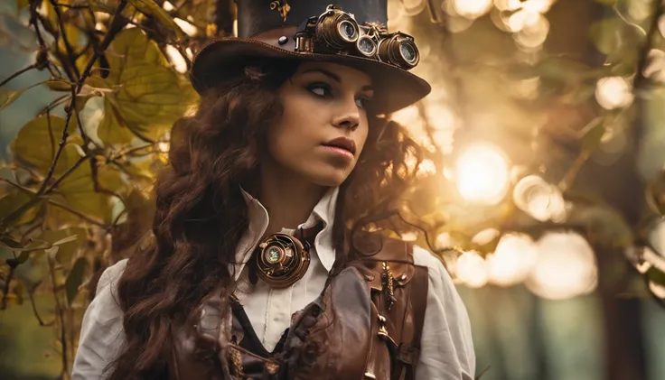 menina steampunk perdida em floresta ao amanhecer