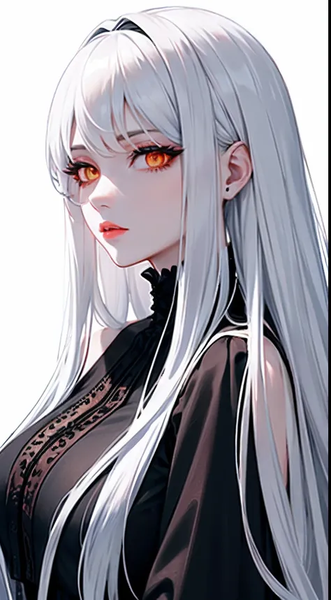 highest detailed, woman with white really long messy beautiful detailed black ombre, serious eyes, dull eyes, dead inside, orange eyes, beautiful, majestic, evil, poofy lips, cold, with huge sword