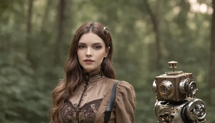 menina steampunk carente, in doubt, Lost next to her robot friend in forest at dawn