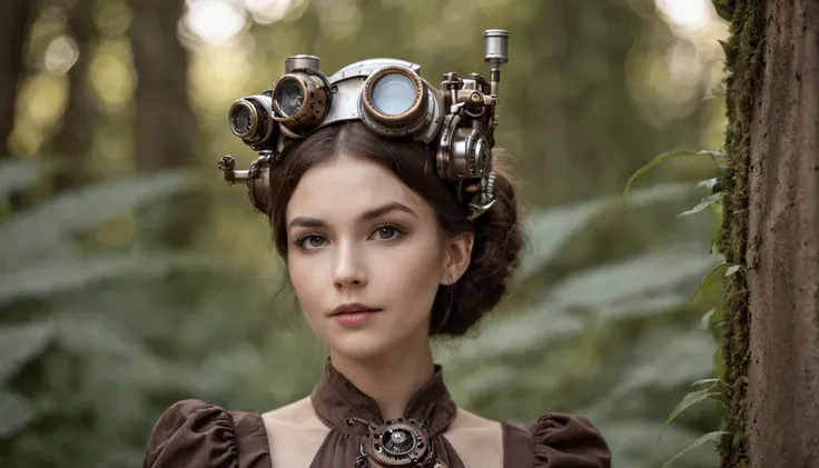 menina steampunk carente, in doubt, Lost next to her robot friend in forest at dawn