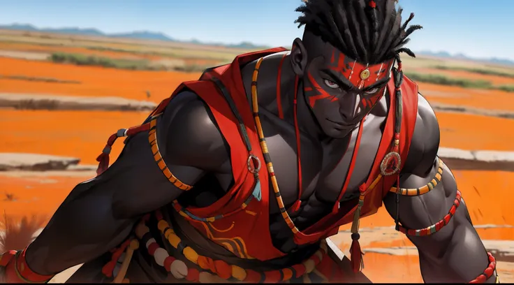 ((masai warrior) + muscle + (black skin) + (on the African plain))