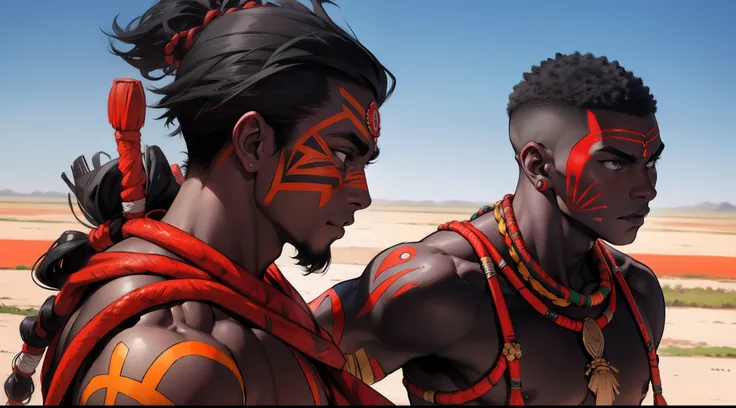 ((masai warrior) + muscle + (black skin) + (on the African plain))