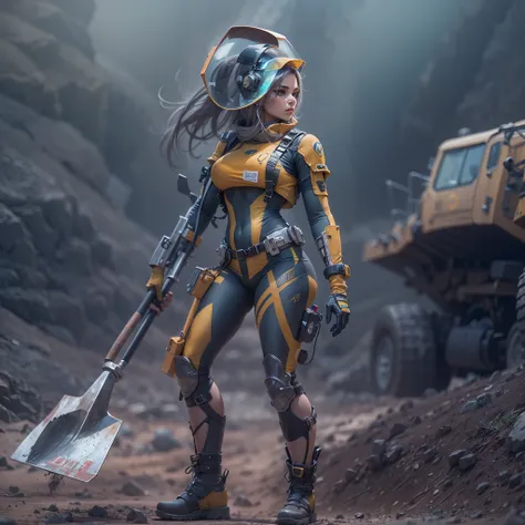 A woman with futuristic attire carrying a shovel, metal mining environment